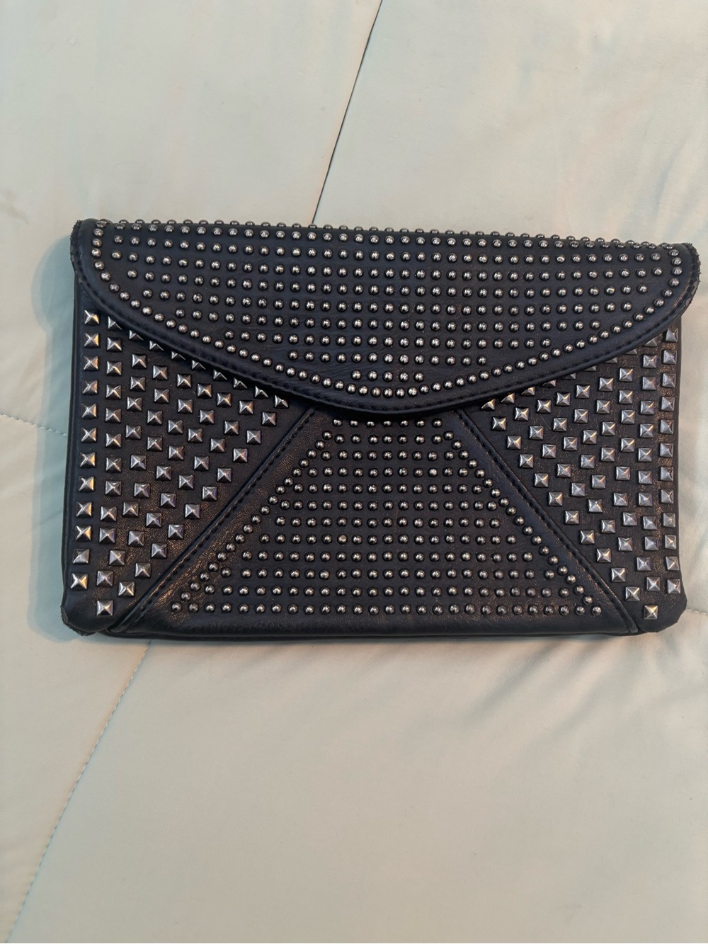 Studded Black Envelope Clutch with Silver Hardware